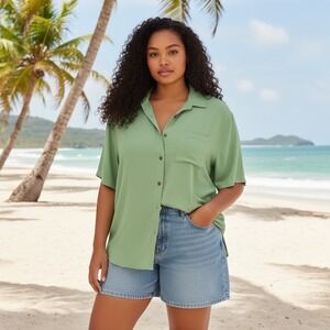 Island Republic Green Textured Short Sleeve Button Up Shirt Top XXL Vintage